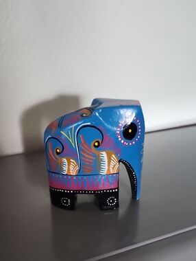 Sri Lanka Wooden Hand-Painted Blue Elephant Figurine Decorative Accent
